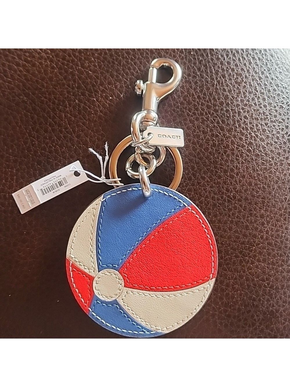 Coach Round Leather Beachball Keychain Bag Charm in Red, Blue & Cream NWT - Picture 2 of 7